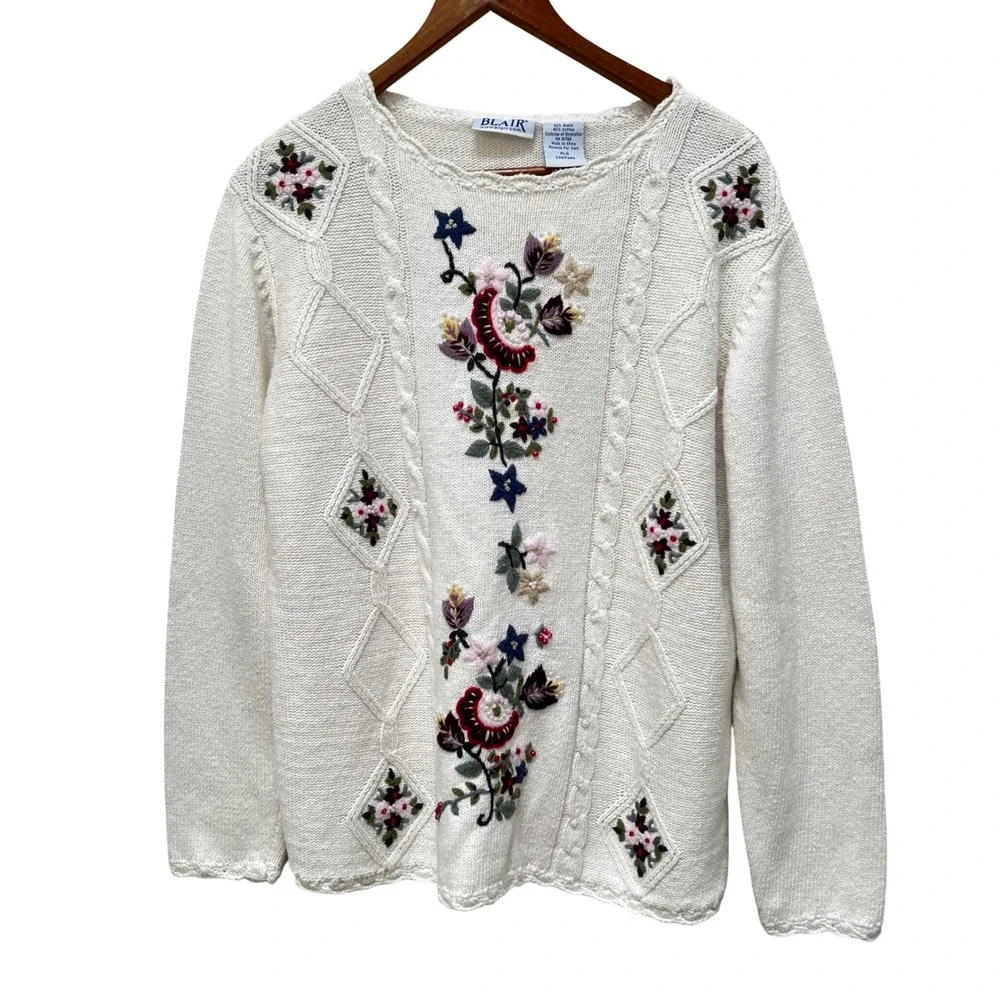 Blair Women XL Cream Cable Knit Floral Embroidered Pearl Sweater VTG Cottagecore